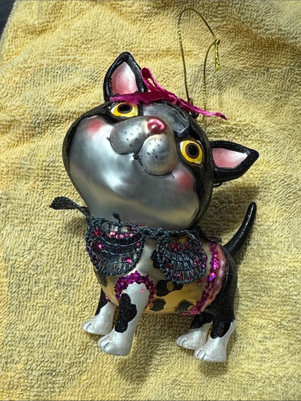 Handcrafted Black & Silver Cat Ornament with Pink Accents - Pet Décor